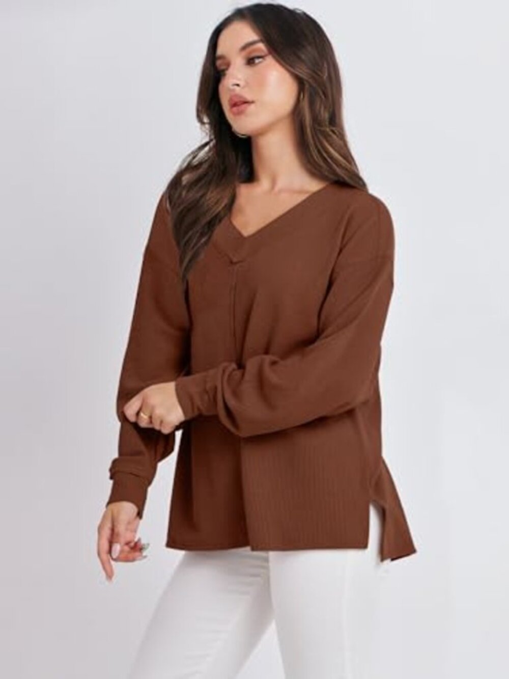 Oversized V Neck Pullover Sweatshirt Drop Shoulder Slit Women Top